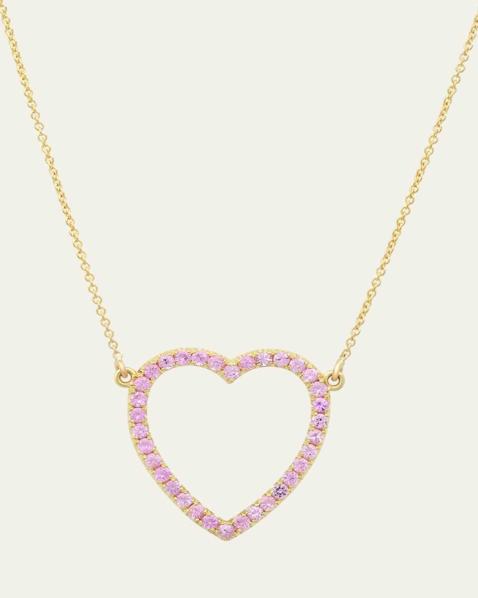 18K Yellow Gold Large Open Heart Necklace with Pink Sapphires